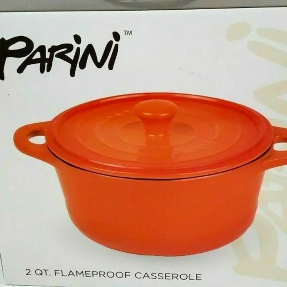 PARINI Orange 2 QT. Quart FLAMEPROOF CASSEROLE Dish with Lid New in Box​​